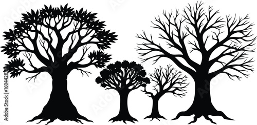 Four black tree silhouettes featuring leafy and bare deciduous varieties
