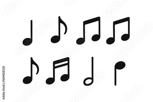 Musical notes vector icon set isolated on white. Black silhouette symbols for melody, song, composition, and sound. Quarter, eighth, and sixteenth note graphics.