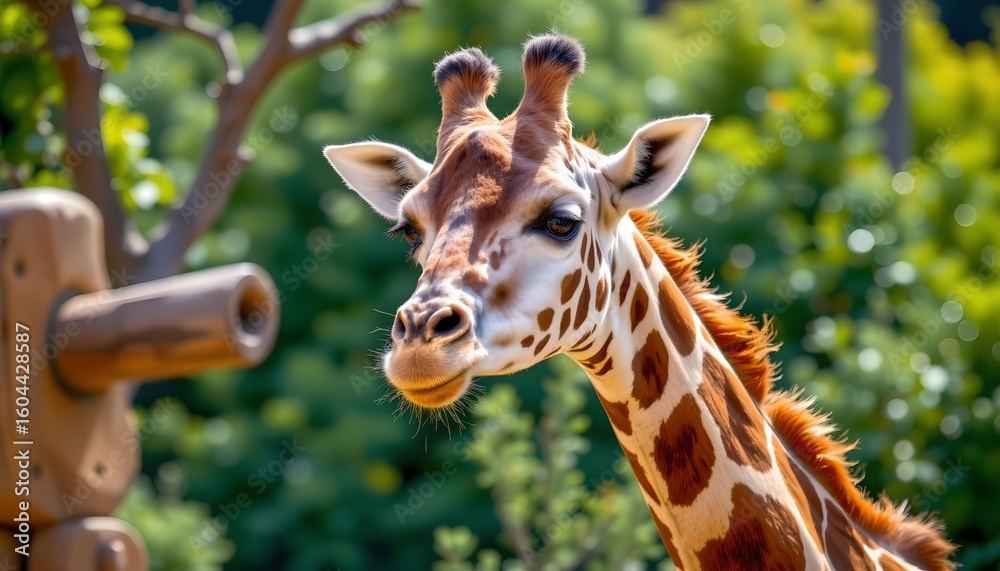 Obraz premium in the heart of an outdoor enclosure, a giraffe stands tall amidst lush green foliage
