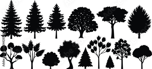 Variety of tree silhouettes including pine deciduous and bushy types