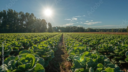 Cabbage crops prospering in straight lines under radiant sunlight, bordered by high trees and wide fields on a clear day