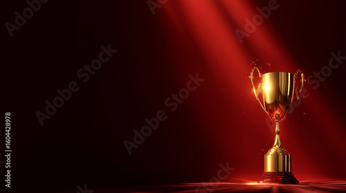 Spotlights shine on golden trophy cup, symbolizing victory. Use for marketing, advertising, websites, print.