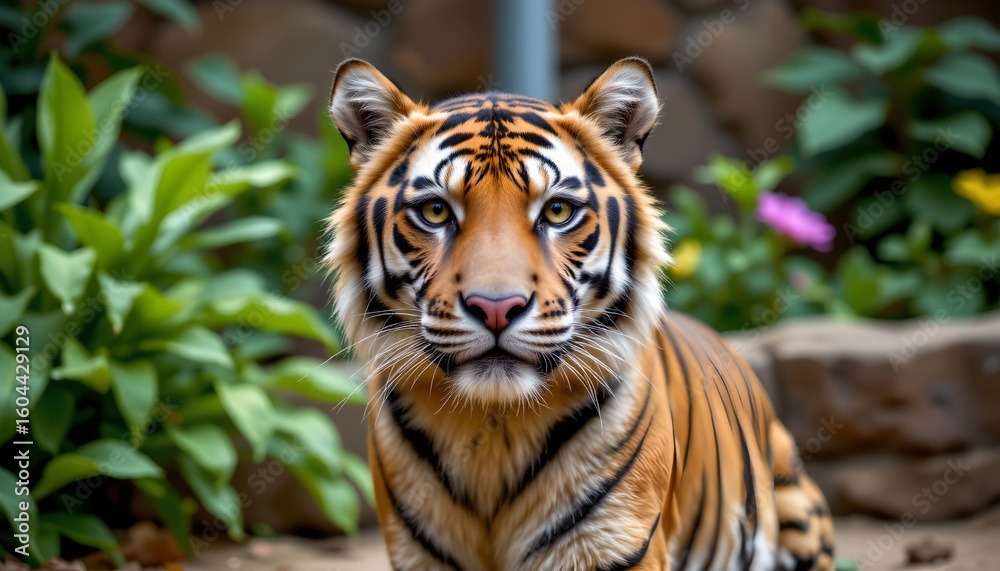 Fototapeta premium a tiger sits in profile, alertly watching its surroundings, surrounded by greenery within an enclosed habitat