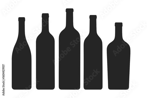 Set of wine bottle silhouettes. Collection of diverse bottle shapes in stark black contrast on a white background. Vector icon for wine, beverage industry, bar, menu design.