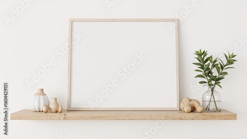 Empty horizontal frame mockup for nursery wall decor, baby room artwork, blank print frame, photo display, wooden shelf with toys.