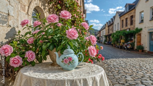 Fototapeta Naklejka Na Ścianę i Meble -  Cerulean kettle adorned with pink blooms on a charming street
