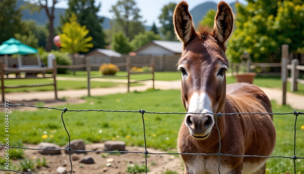 Obraz premium a brown donkey stands inside an enclosed area with a green fence, looking directly at the camera behind a barbed wire fence