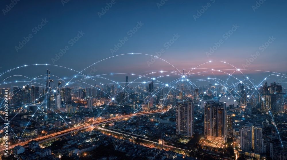 Fototapeta premium Cityscape at night with interconnected network