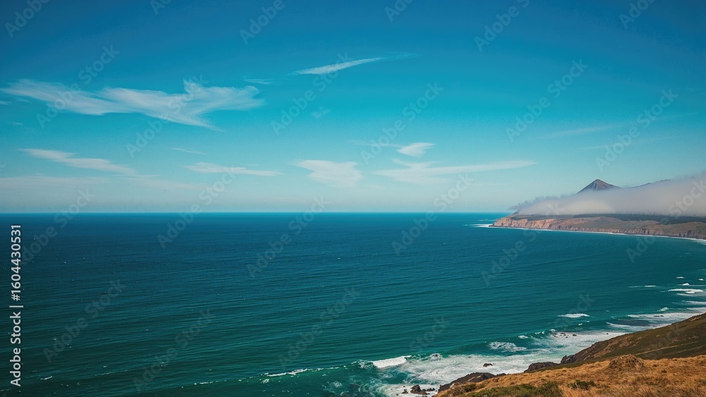 Fototapeta premium Coastal landscape with expansive ocean and clear blue atmosphere