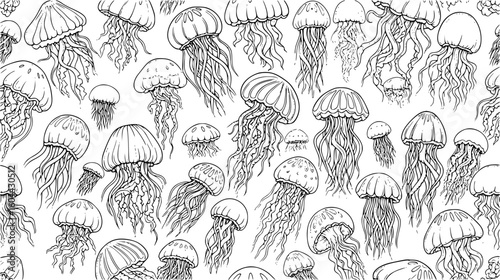 A seamless pattern of detailed jellyfish illustrations in black and white, showcasing their elegant, flowing tentacles and bell shapes