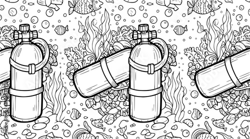 Seamless pattern of scuba diving tanks and marine life in an underwater scene