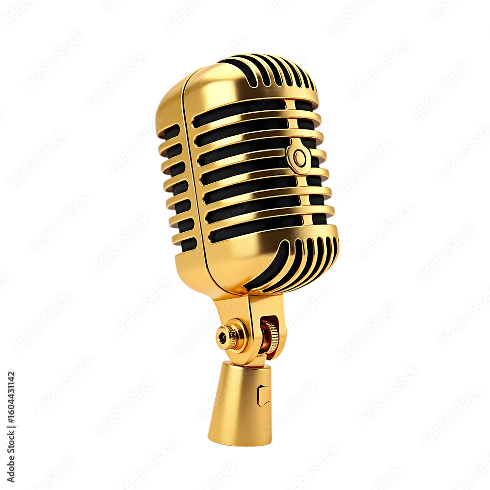Fototapeta premium A shiny golden vintage microphone on a isolated on transparent background