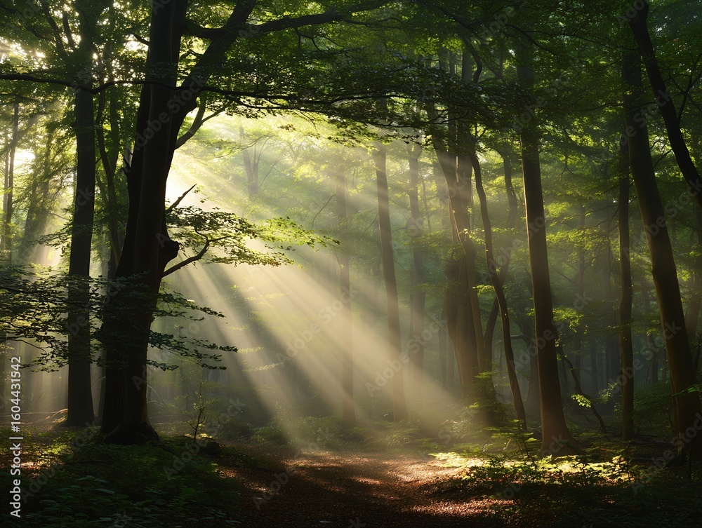 Obraz premium 朝の木漏れ日が差し込む静かな森の風景