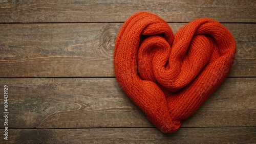 Heart-shaped ginger scarf on rustic wood backdrop, autumn greeting card idea with blank area.