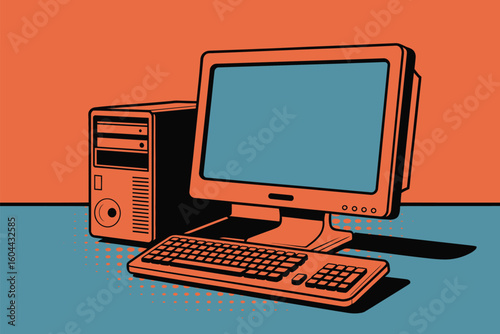 Illustration of a desktop computer with a monitor keyboard and tower on a blue and orange background