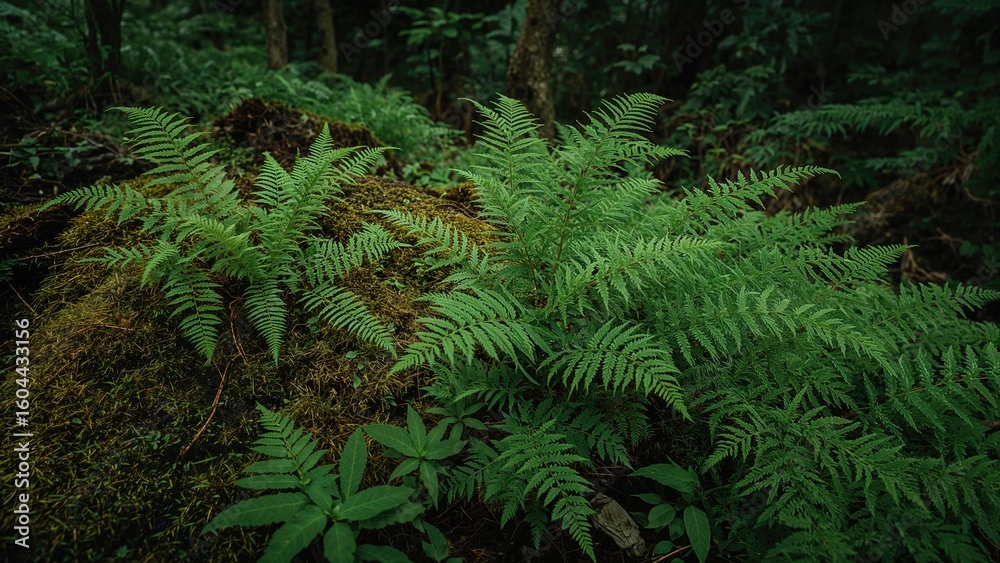 Close-up of vibrant green fern and moss in a misty tropical jungle at dawn during the wet season. Close-up of vibrant green fern and moss in a misty tropical jungle at dawn during the wet season.