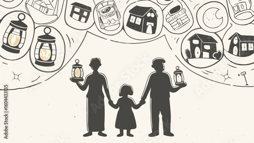 Silhouette family holding lanterns surrounded by dream bubbles of houses and celestial objects