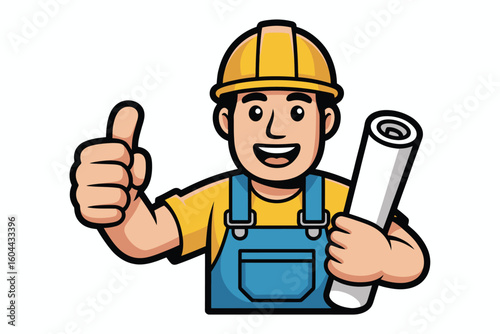 Cartoon builder giving a thumbs up while holding a blueprint wearing a hard hat and blue overalls suit