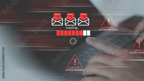 Tableau sur toile Finger pointing to keyboard with scam email and system warning icons, representing phishing attack, cyber threat, data breach, and online fraud risk