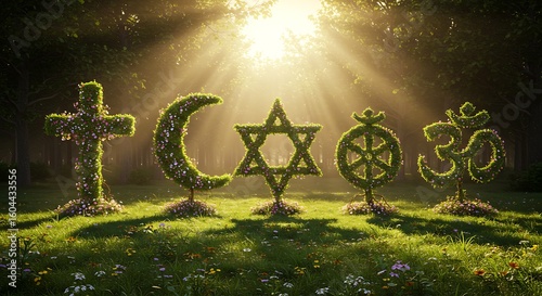Symbols of major world religions in a peaceful nature setting, representing interfaith harmony and spiritual unity
