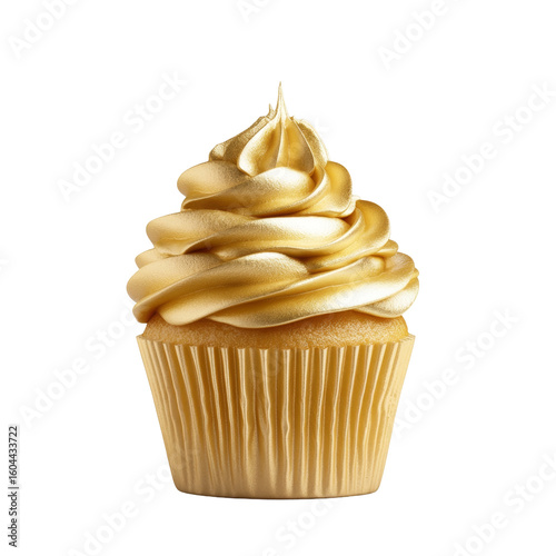 Luxurious gold cupcake with shimmering frosting on black background
