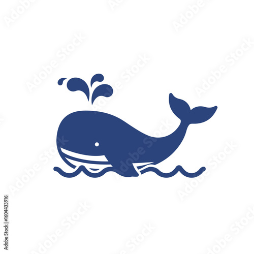 A charming blue cartoon whale icon spouting water from its blowhole, floating on stylized waves.