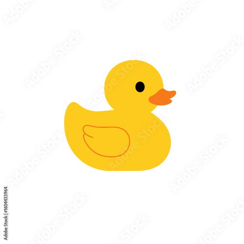 A classic yellow rubber duck toy illustration with a simple design, orange beak, and outlined wing.