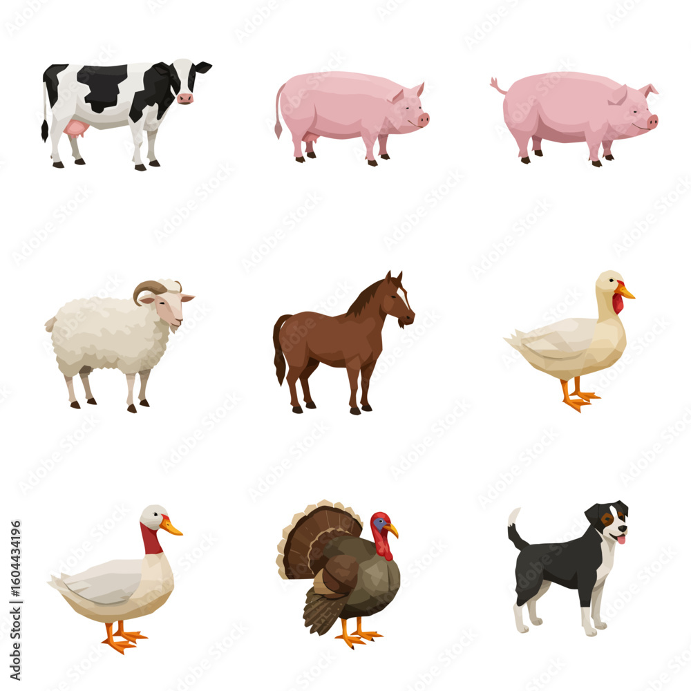 Fototapeta premium Colorful illustrated set of nine domestic farm animals including a cow, pig, sheep, horse, duck, turkey, and dog, standing in profile.