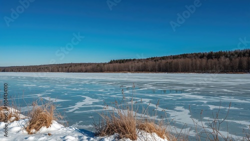 Sunlit frozen water on a crisp winter day, surrounded by a forest and lacking snow