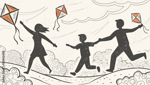 Silhouette family flying kites together in a windy day with stylized clouds and ground details drawing