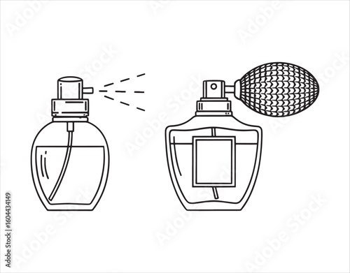 A horizontal poster featuring perfume bottles with pink line icons. This vector illustration includes an icon of a glass sprayer and luxury perfume.

