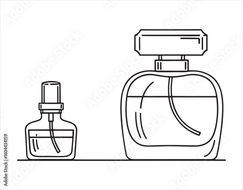 perfume bottles with stylish pink line icons. The vector illustration comes with an icon of a glass sprayer and luxury perfume.