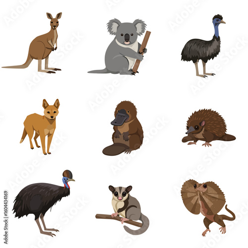 Colorful illustrated set of iconic Australian animals, including kangaroo, koala, dingo, and platypus.