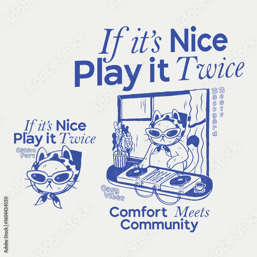 Funny home coffee dj cat illustration