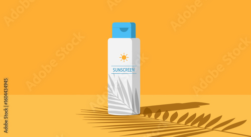 Sunscreen bottle on yellow surface with shadow, summer skincare product concept, flat design