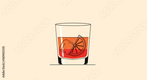 Cocktail with orange slice illustration, minimalist drink art, refreshing beverage, studio style