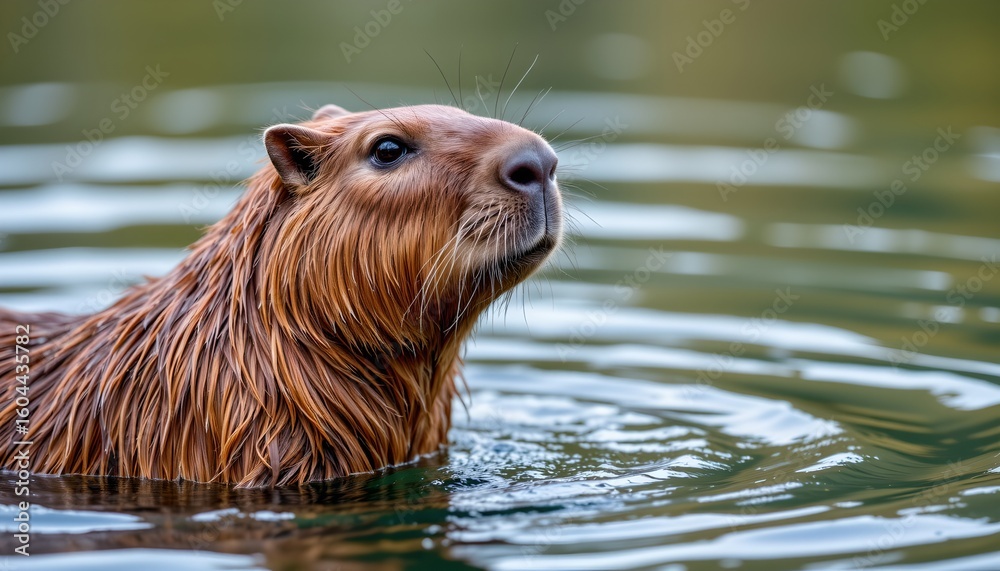 Fototapeta premium an adult beaver swimming in water, appearing to look off into the distance with its mouth slightly open
