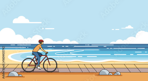 Cyclist riding bicycle along beach promenade with ocean view on sunny day