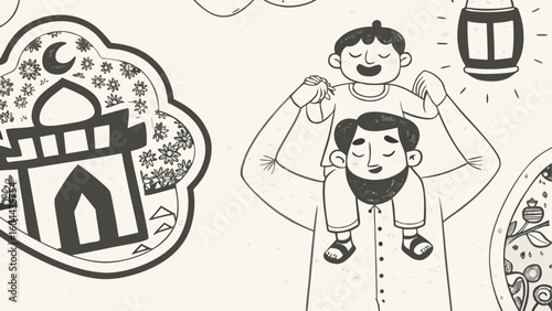 Illustration of a father carrying his son on his shoulders with a mosque and lantern in the background silhouette