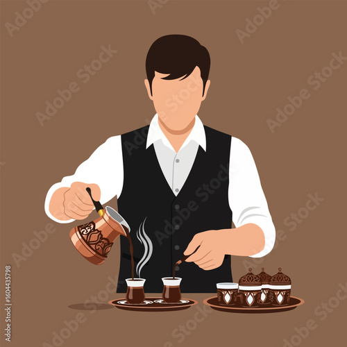 Pouring Traditional Coffee Into Cups with Serving Accessories Ready to Drink