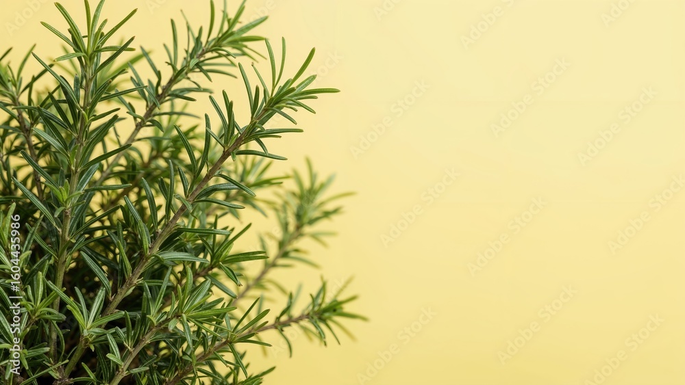 Obraz premium Green and yellow blurred background with a fresh rosemary bundle