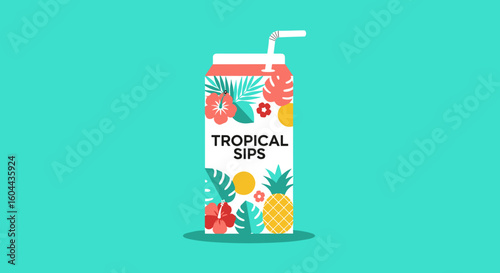 Tropical Juice Box Illustration: Summer Beverage with Floral and Pineapple Design on Teal Background
