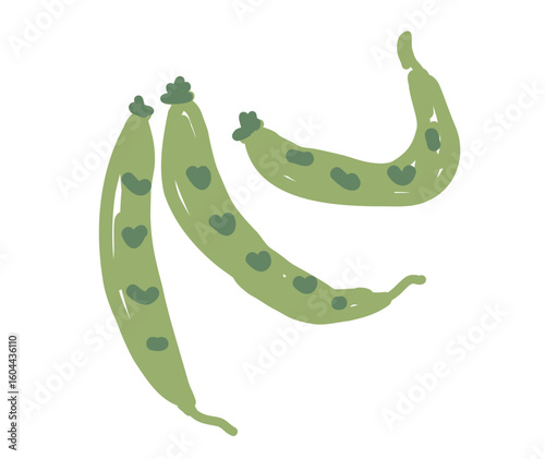 Pea pods with heart-shaped peas in hand-drawn doodle style. Vegetarian food and garden harvest concept.