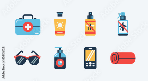 Summer Essentials: First aid kit, sunscreen, insect repellent, sunglasses, phone, and mat, flat vect