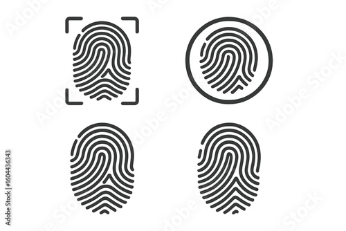 Fingerprint icon set for security and identity verification. Biometric authentication symbol collection. Digital access, personal ID, and privacy technology concept.