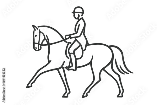 Equestrian sport minimalist line art. Dressage horse and rider in profile. Elegant equine competition icon. Simple black and white vector outline logo for riding club.