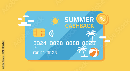 Summer Cashback Credit Card: Holiday Savings, Beach Vacation, Tropical Design on Yellow Background