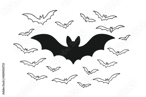 Bat silhouette and bats line art vector illustration for Halloween decor. Spooky black bat outline and scary swarm design element. Isolated on white background set.