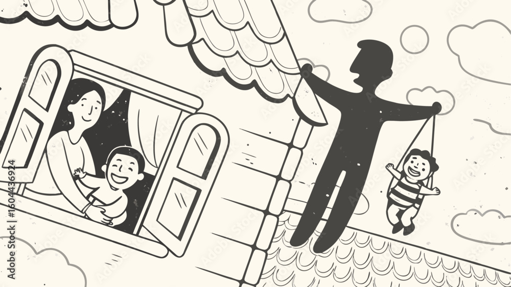 Obraz premium Illustration of a mother and child at a window and a father swinging a child from a roof line silhouette