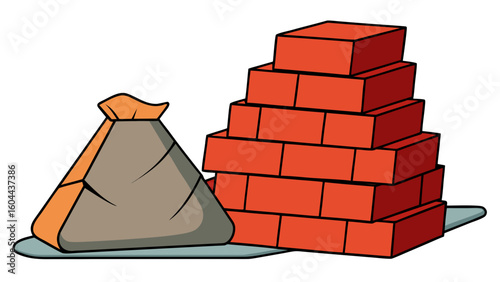 Brick wall stack with bag of cement on construction site  